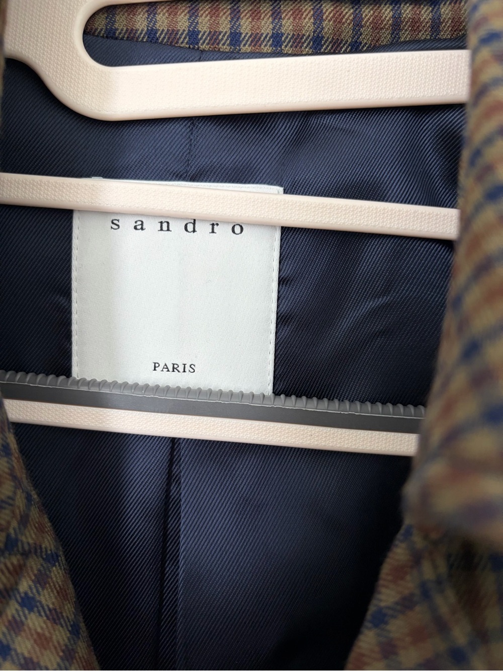 Sandro Brown Check Double-Breasted Trench Coat with Navy Lining - Picture 3 of 6